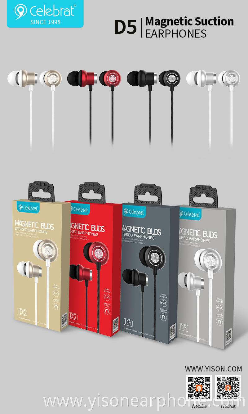 New D5 Magnetic Suction Earphones Wearing Comfortable Surround Sound Stereo Effects 3.5mm Audio Interface Wired Earphones